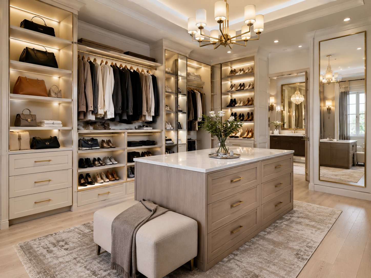 Luxury walk-in closet with marble-top island and custom shelving