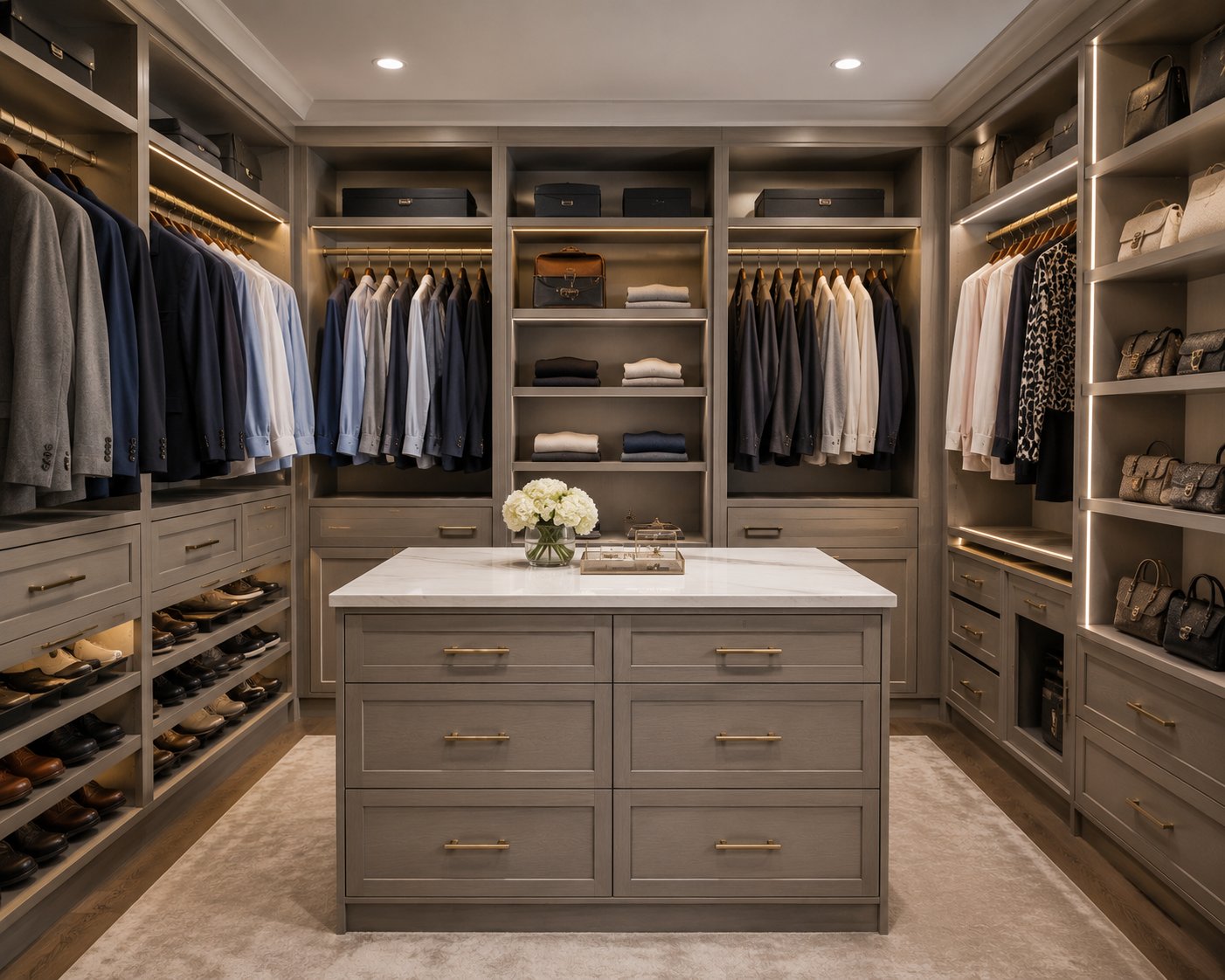 Modern walk-in closet with integrated LED lighting
