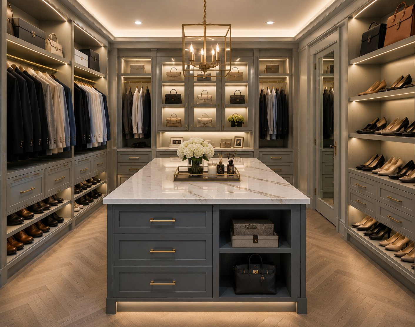 Walk-in closet with chandelier and herringbone floor