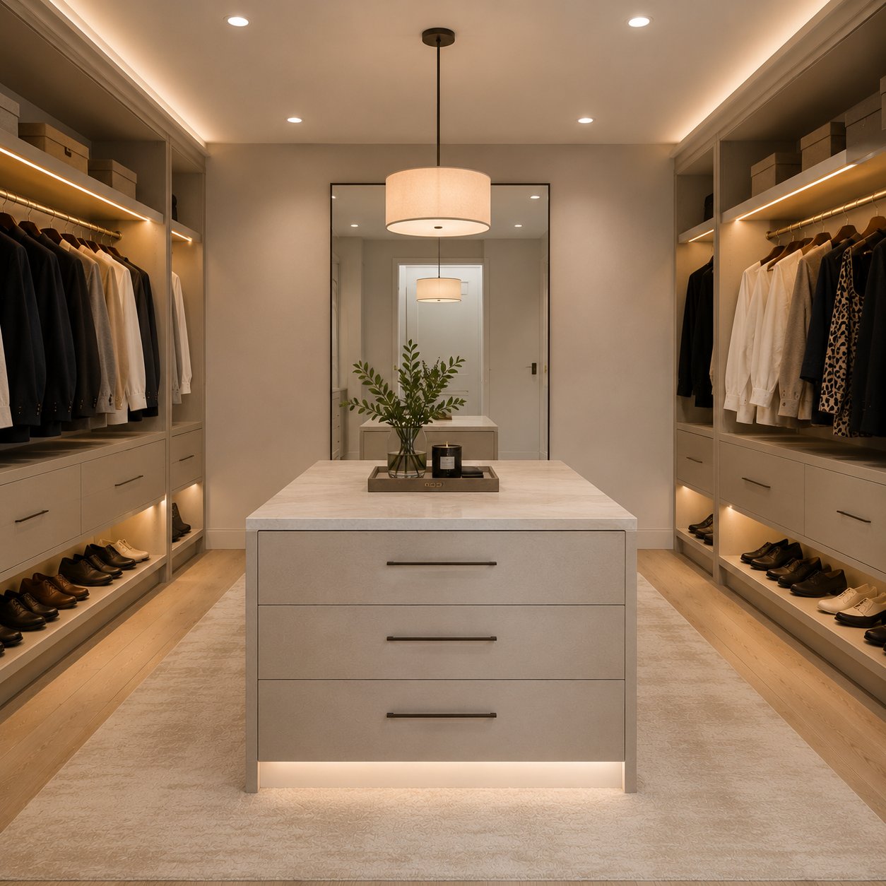 Dressing room with full-length mirror and custom island