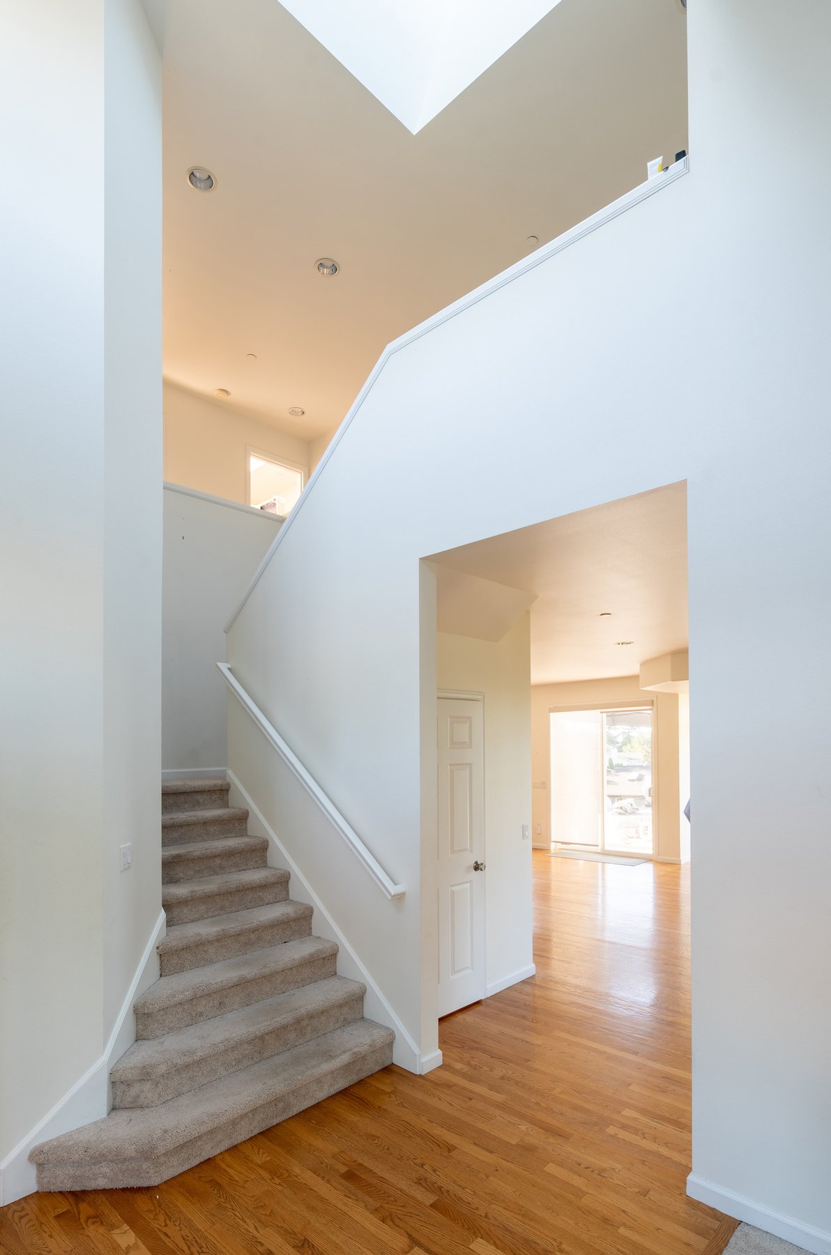 Carpeted steps and white trim