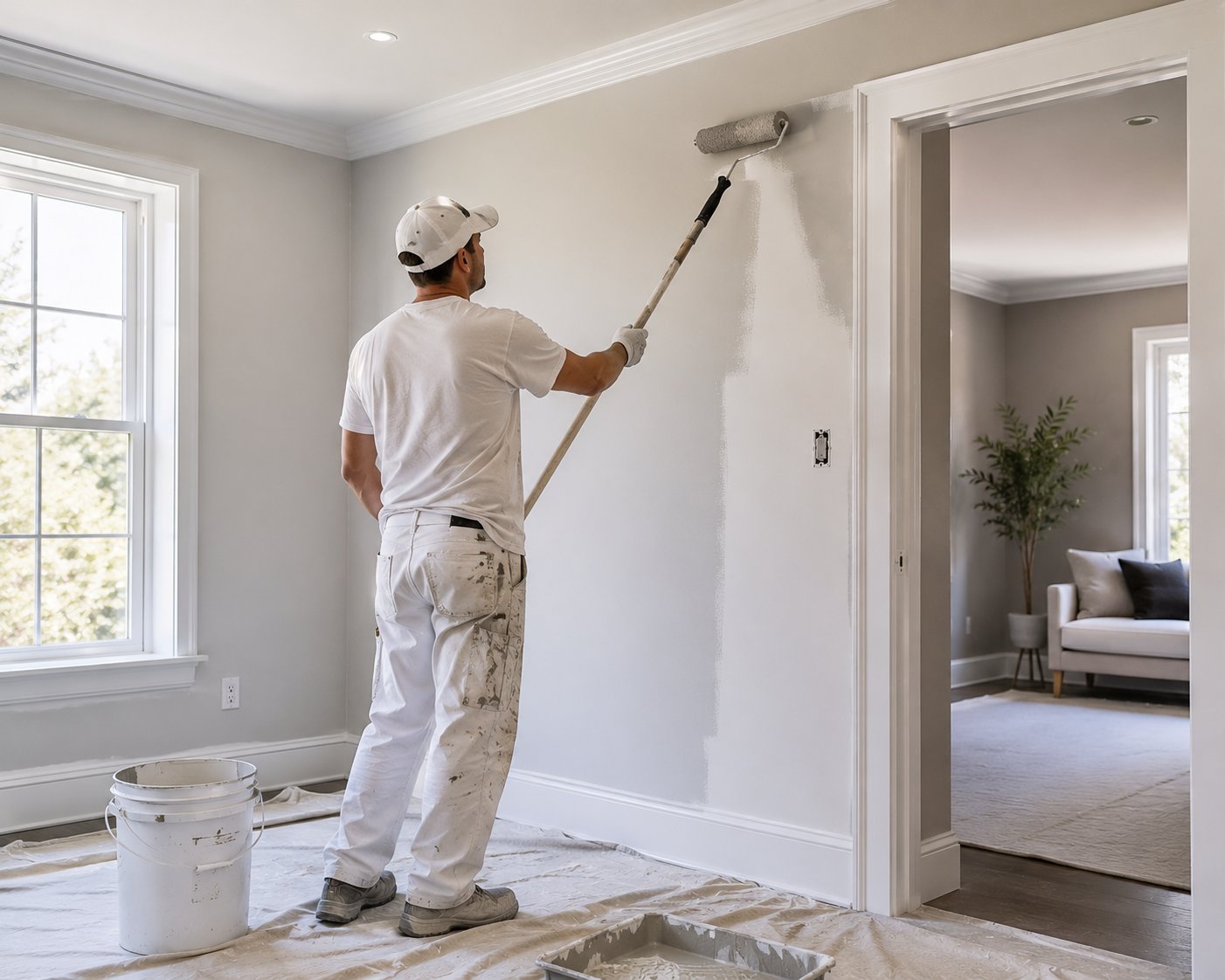 Interior painter rolling fresh paint on a wall