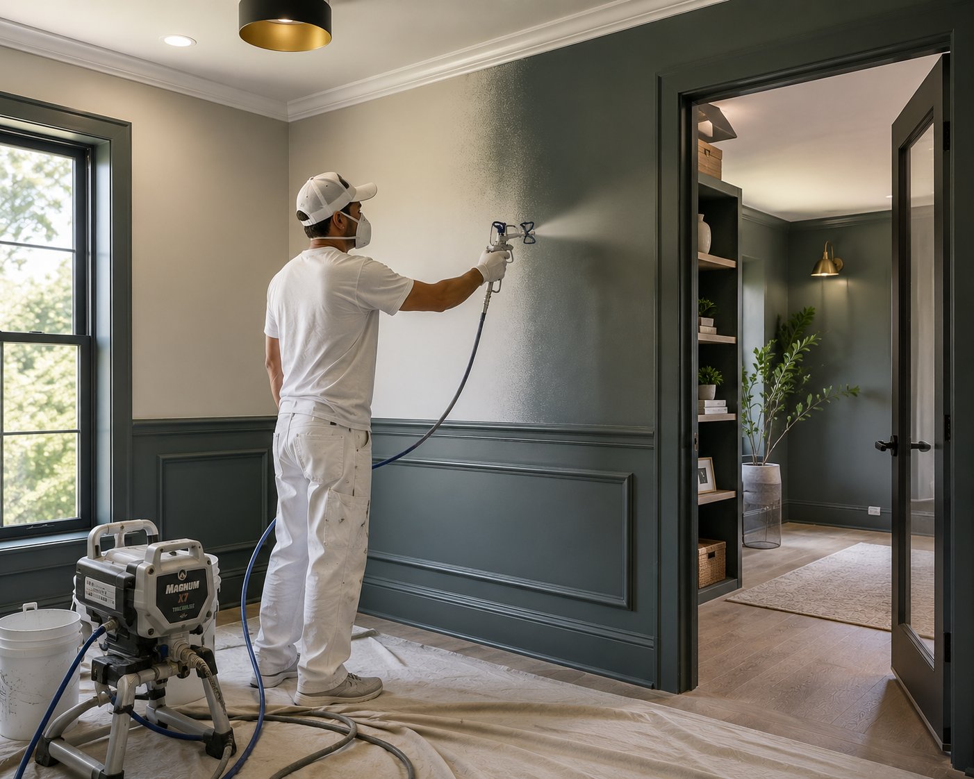 Spray painting interior walls and wainscoting
