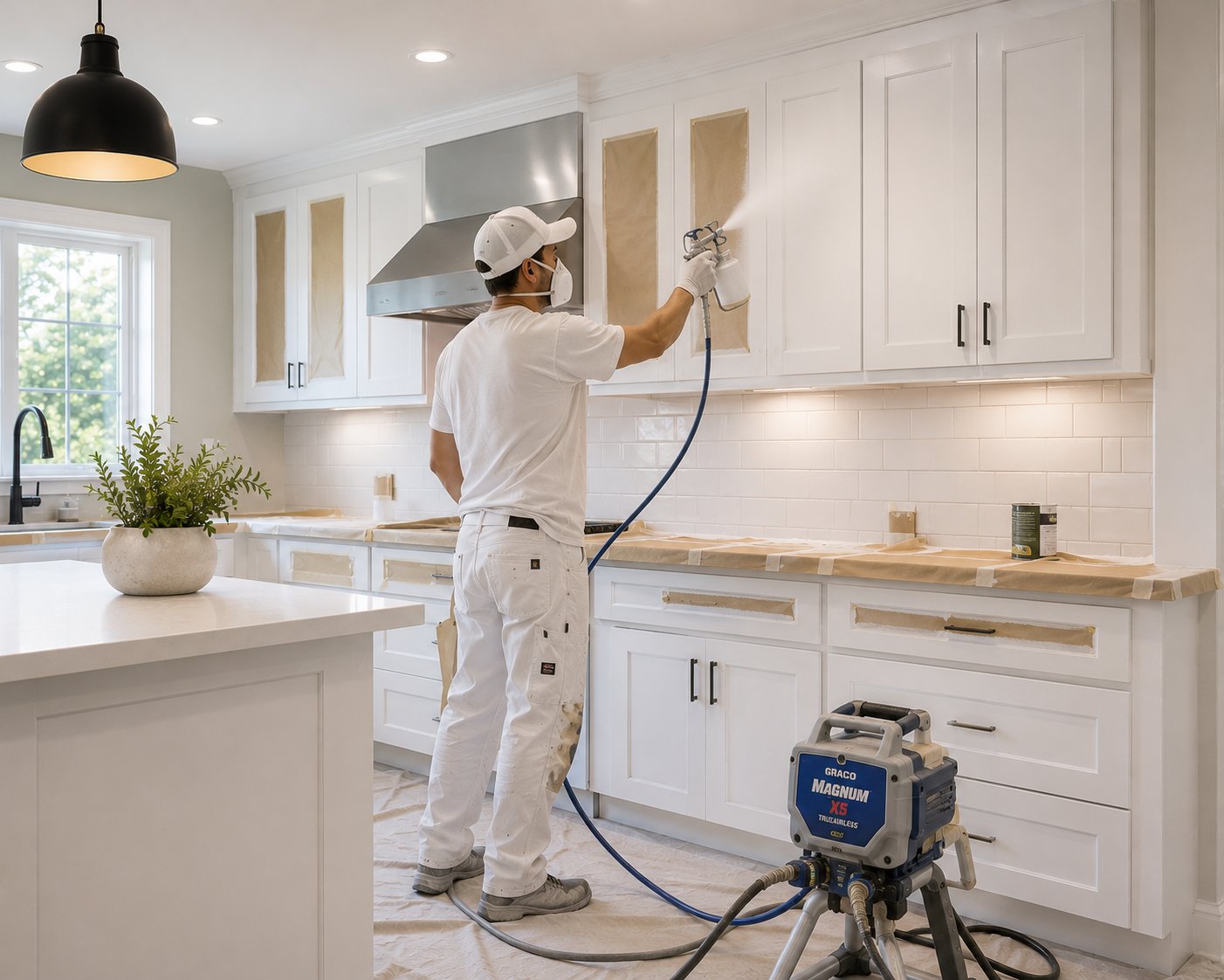Spraying kitchen cabinets a fresh white finish