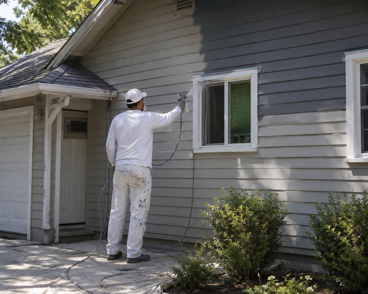 Exterior siding being spray painted