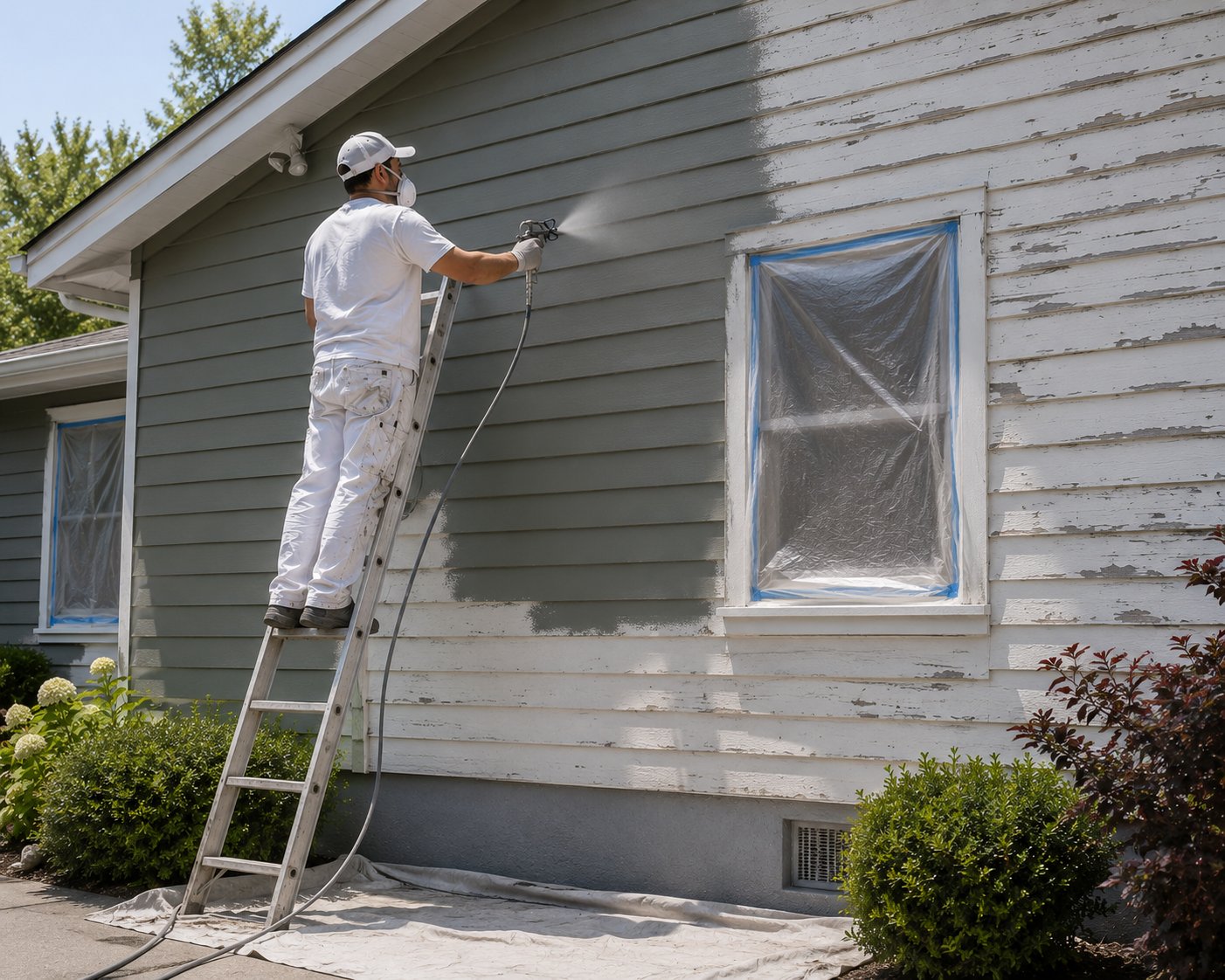 Painter on a ladder prepping and painting exterior siding